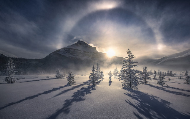 Snowy landscape mountains trees sunbeam free wallpaper for desktop - medium preview image