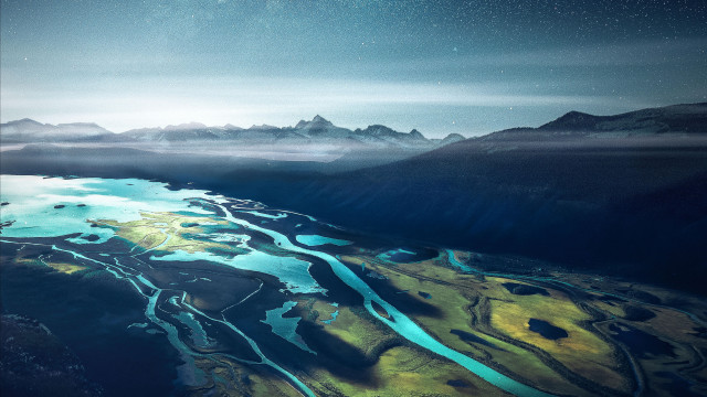River mountains night stars clouds free wallpaper for desktop - medium preview image