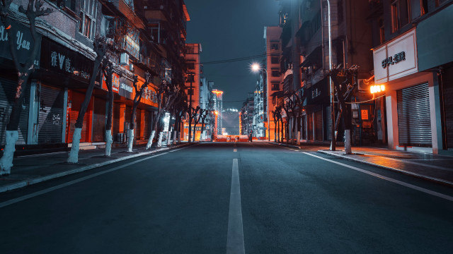 City street night streetlight buildings free wallpaper for desktop - medium preview image