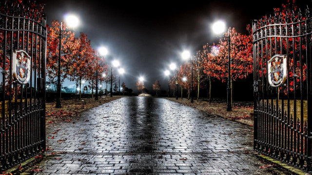 Brick walkway gate lights night free wallpaper for desktop - medium preview image