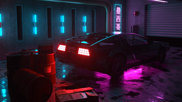 Car neon garage retrowave cyberpunk free wallpaper for desktop - medium preview image