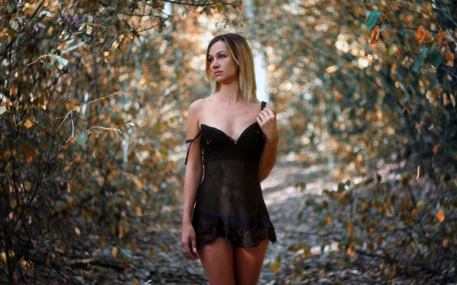 Woman black dress woods autumn free wallpaper for desktop - medium preview image