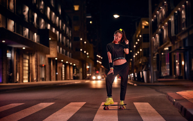 Woman skateboard night neonhelmet cubofuturism free wallpaper for desktop - medium preview image