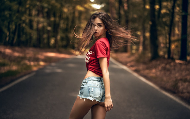 Woman red shirt jean shorts #2 free wallpaper for desktop - medium preview image