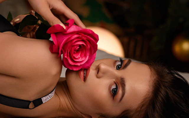 Woman rose hair bed posing free wallpaper for desktop - medium preview image