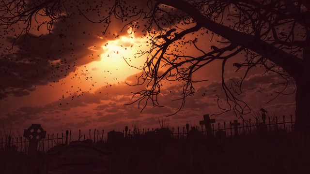 Cemetery sunset bats gothic matte free wallpaper for desktop - medium preview image