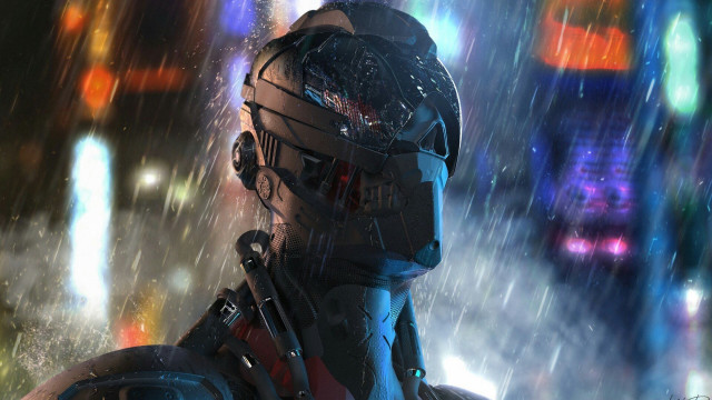 Futuristic man city night helmet free wallpaper for desktop - medium preview image