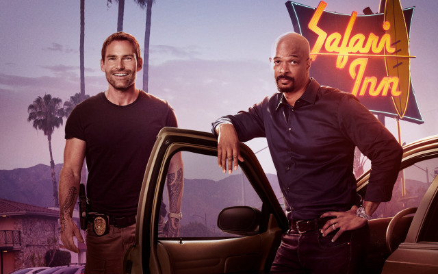 Neon palm trees two men free wallpaper for desktop - medium preview image