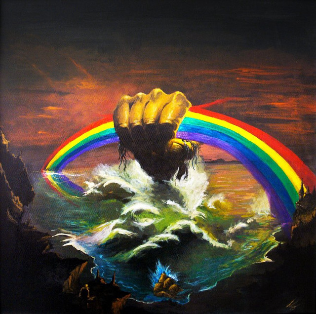Hand holding rainbow water dark free wallpaper for tablet - medium preview image