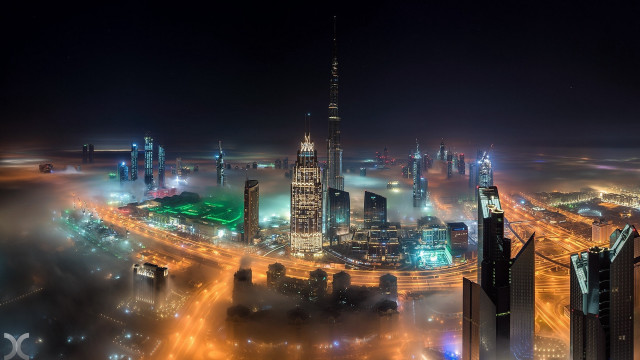 City lights fog nightscape matte free wallpaper for desktop - medium preview image