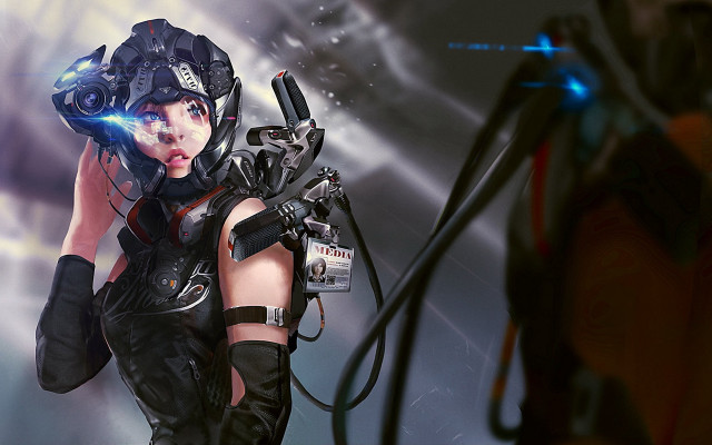 Futuristic woman camera controller cyberpunk free wallpaper for desktop - medium preview image