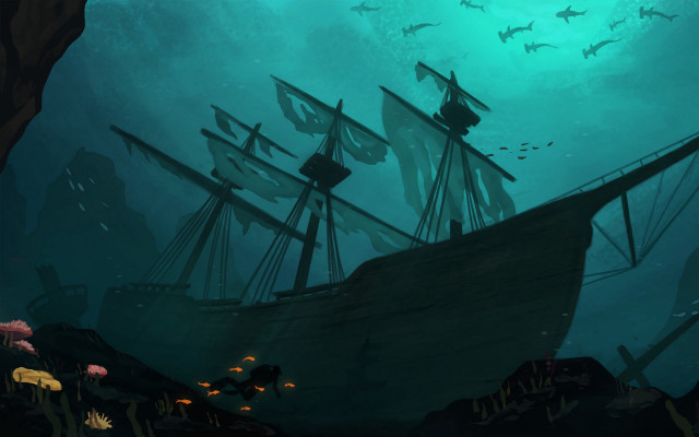 Pirate ship deep sea sharks free wallpaper for desktop - medium preview image