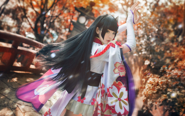 Dancing woman autumn leaves kimono free wallpaper for desktop - medium preview image