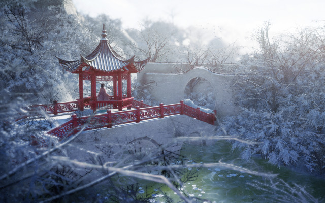 Red pagoda snowy landscape bridge free wallpaper for desktop - medium preview image