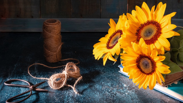 Sunflowers table book twine stilllife free wallpaper for desktop - medium preview image