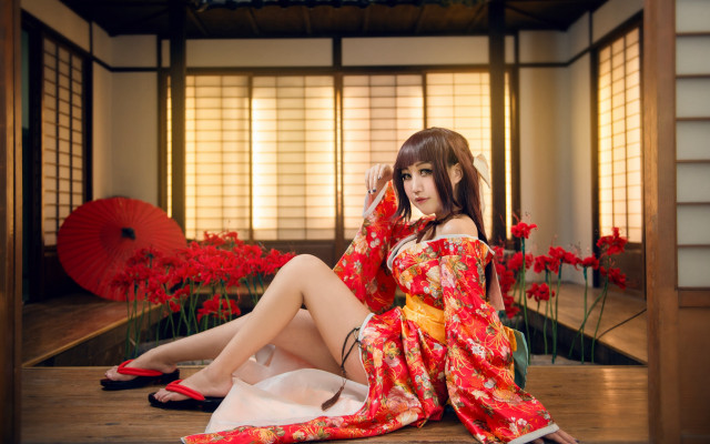 Woman kimono red umbrella flower free wallpaper for desktop - medium preview image