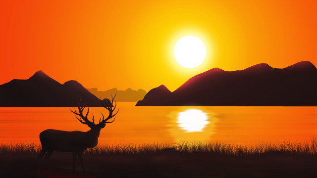Deer lake sunset mountains silhouette free wallpaper for desktop - medium preview image
