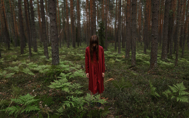 Woman red dress forest surreal free wallpaper for desktop - medium preview image