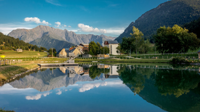 Lake mountains house forest sky free wallpaper for desktop - medium preview image