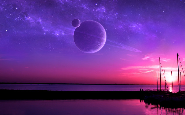 Purple sky planet ships sunset free wallpaper for desktop - medium preview image