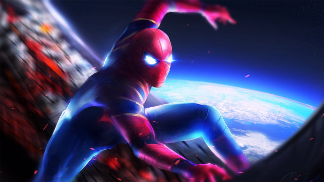 Spiderman futuristic suit flying earth free wallpaper for desktop - medium preview image
