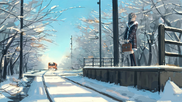 Woman snow train track suitcase free wallpaper for desktop - medium preview image