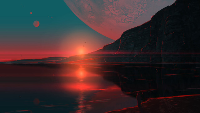 Sunset mountain water planet matte free wallpaper for desktop - medium preview image