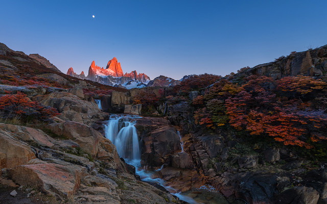 Waterfall mountain sunset moon trees free wallpaper for desktop - medium preview image