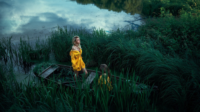 Woman yellow dress boat water free wallpaper for desktop - medium preview image