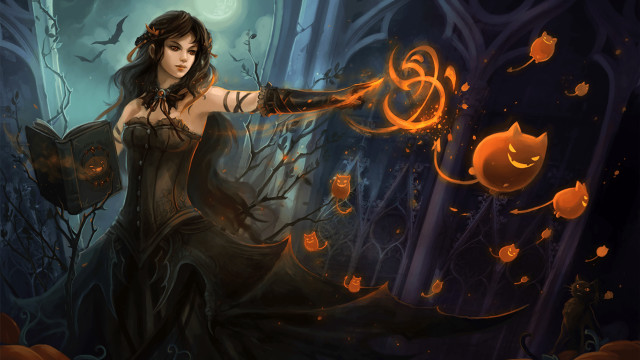 Gothic woman glowing pumpkin forest free wallpaper for desktop - medium preview image