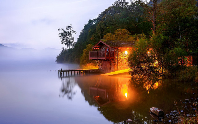 Boathouse lake dock night water free wallpaper for desktop - medium preview image