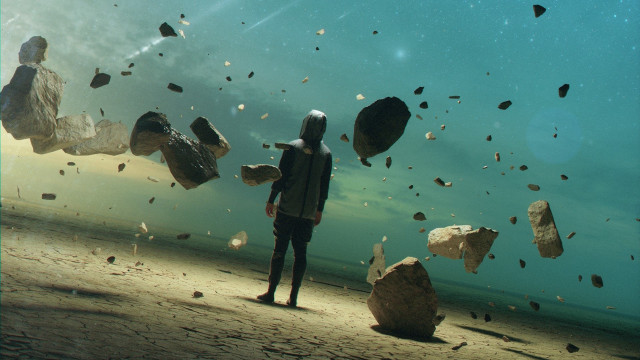 Man beach rockfall starry sky free wallpaper for desktop - medium preview image