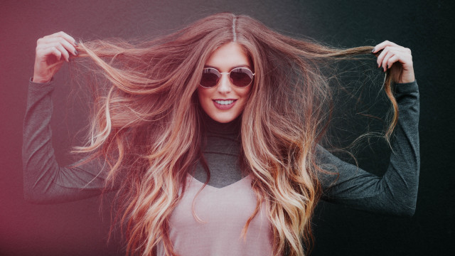 Woman long hair sunglasses smiling free wallpaper for desktop - medium preview image