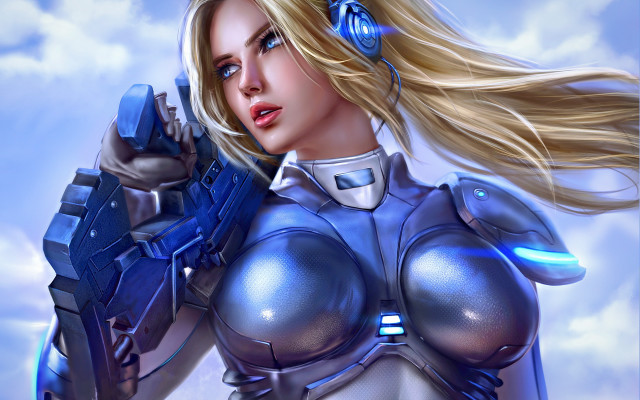 Futuristic woman gun blue sky free wallpaper for desktop - medium preview image