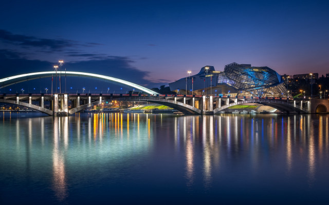 Bridge river lit building night free wallpaper for desktop - medium preview image