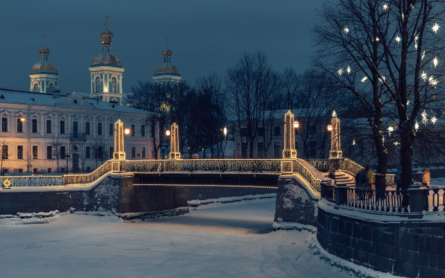 Bridge lights snow cityscape winter free wallpaper for desktop - medium preview image