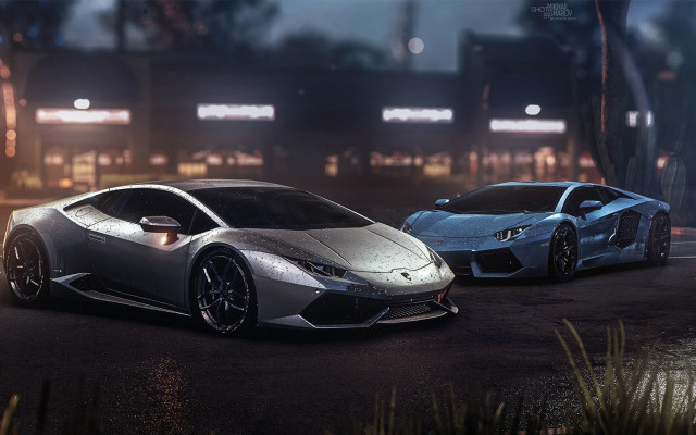 Two cars night parking lot free wallpaper for desktop - medium preview image