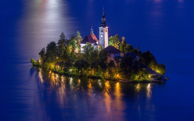 Small island church night full free wallpaper for desktop - medium preview image