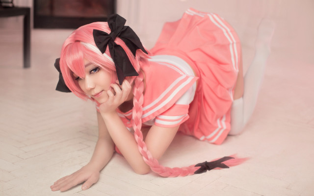 Pink hair black bow cosplay free wallpaper for desktop - medium preview image