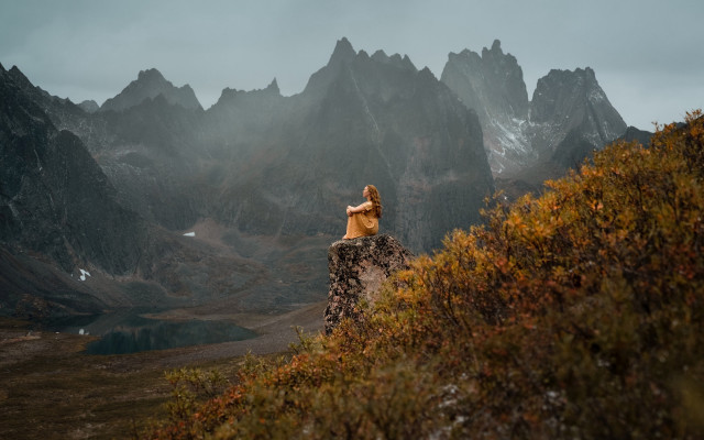 Mountain woman water cloudy sky free wallpaper for desktop - medium preview image