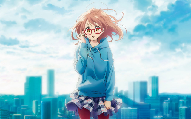 Girl glasses blue hoodie cityscape free wallpaper for desktop - medium preview image