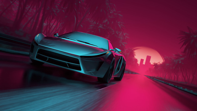 Car palm trees synthwave moon free wallpaper for desktop - medium preview image