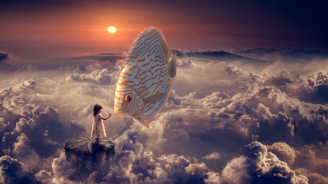 Woman fish clouds sunset cityscape free wallpaper for desktop - medium preview image