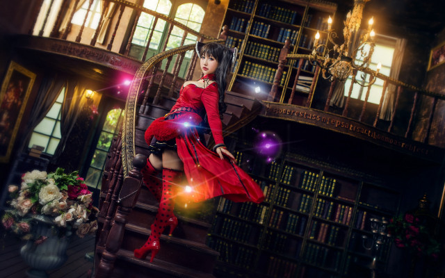 Woman red dress library staircase free wallpaper for desktop - medium preview image