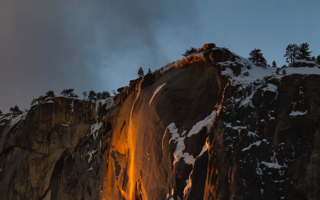 Waterfall sunset mountain snow trees free wallpaper for desktop - medium preview image