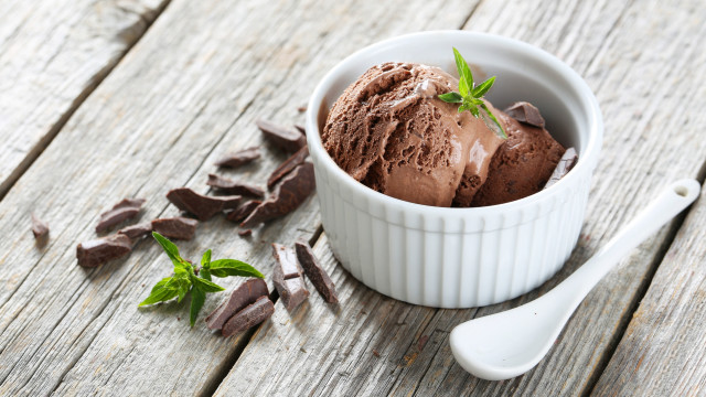 Chocolate icecream bowl wooden table free wallpaper for desktop - medium preview image