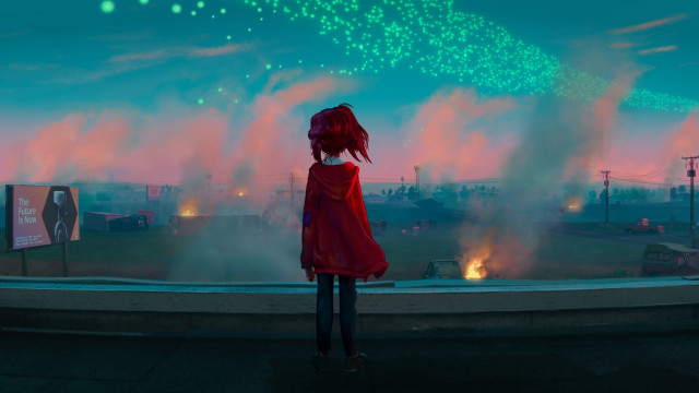 Fireworks girl red coat city free wallpaper for desktop - medium preview image
