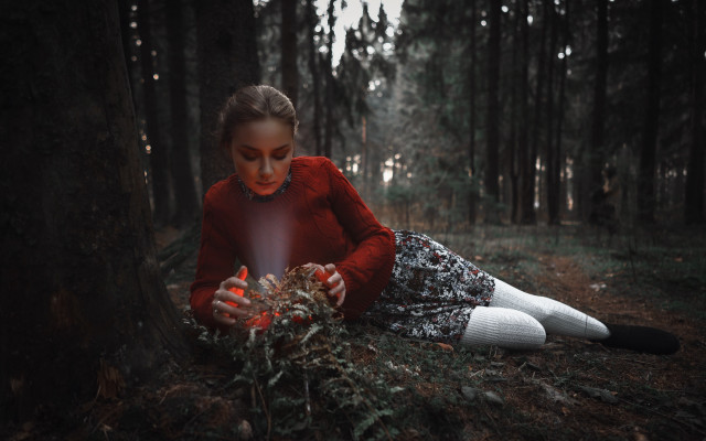 Girl red sweater woods candle free wallpaper for desktop - medium preview image