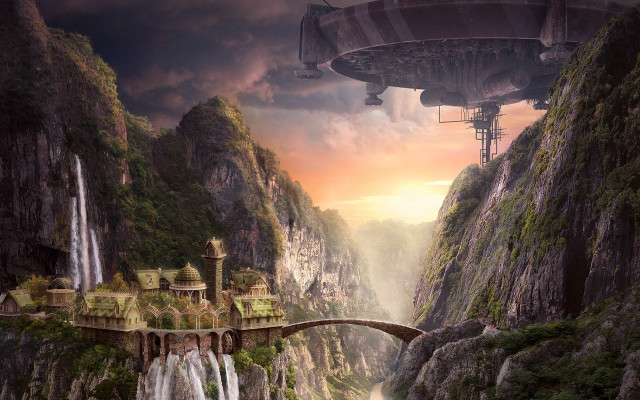 Futuristic city waterfall bridge castle free wallpaper for desktop - medium preview image