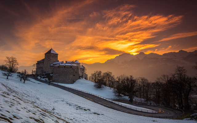 Castle snowy hill sunset clouds free wallpaper for desktop - medium preview image